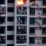 マンションで火災発生、8階から落ちて死亡する女性の動画。