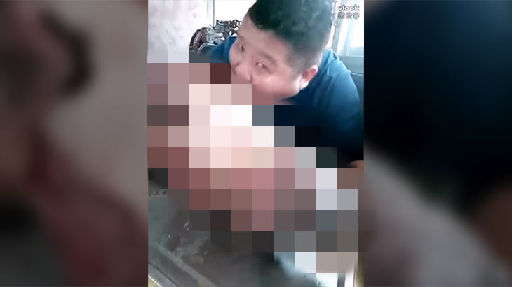 【衝撃映像】ローストされたロバの頭を食べる中国人男性のグロ動画。