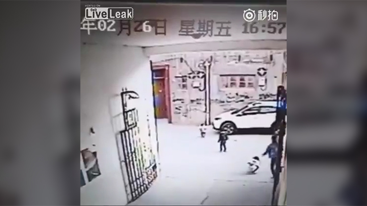 よちよち歩きの子供がゆっくりと車に轢き殺される動画。