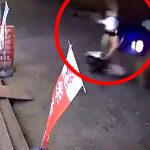 停車中のバイクにまたがっていた女性、車に追突され弾き飛ばされてしまう。