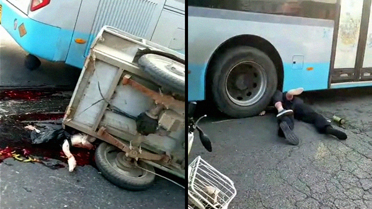 【閲覧注意】バスに轢かれた2人の人間。引きずられた血の跡が･･･。