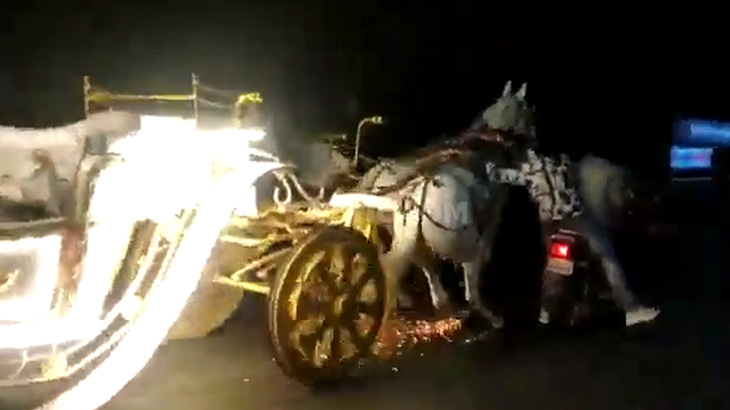 暴走した “デコ馬車” を止めようとしたバイクの男性、轢かれてしまう･･･。