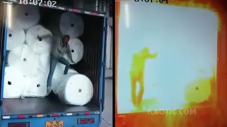 【衝撃映像】可燃性素材をトラックに積んでいた作業員、静電気で引火し火の海に包まれてしまう･･･。