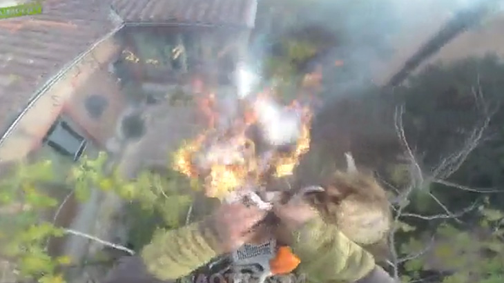 【衝撃映像】ヤシの木をチェンソーで伐採していたらなぜか炎が燃え広がってしまうアクシデント。