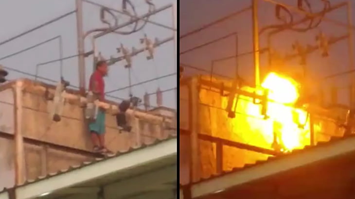 【衝撃映像】高圧電線に触れて一瞬で死んでしまう男･･･。