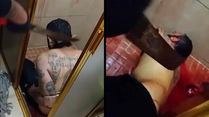 【超！閲覧注意】シャワー室で殺害される男。両腕・両脚を切断されるグロ動画。