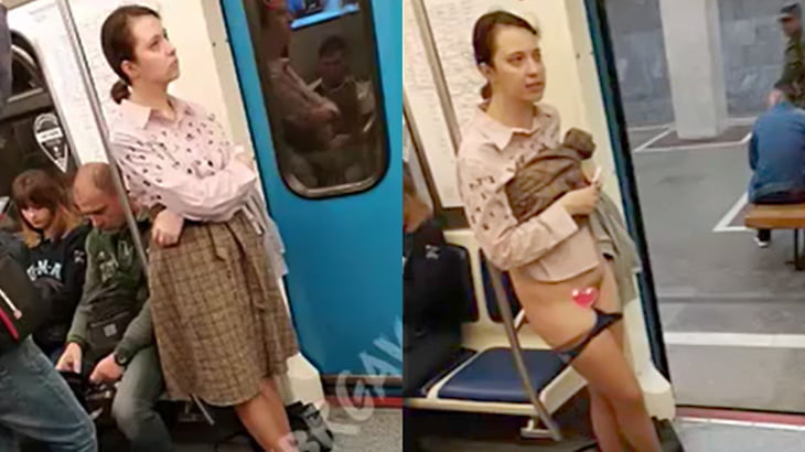 電車内でなぜかスカートを捲し上げてマ●コを晒す女性。