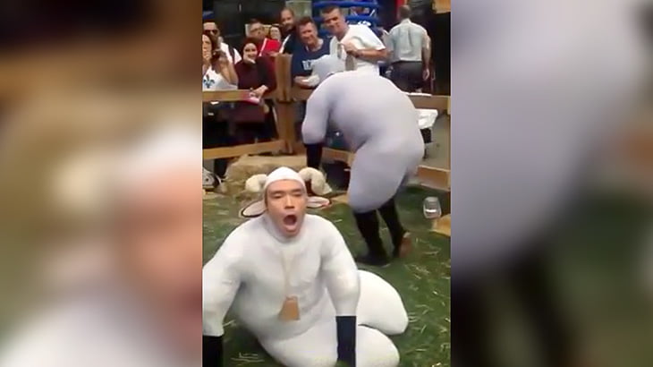 大勢の男たちが羊になりきる催しを撮影した映像。