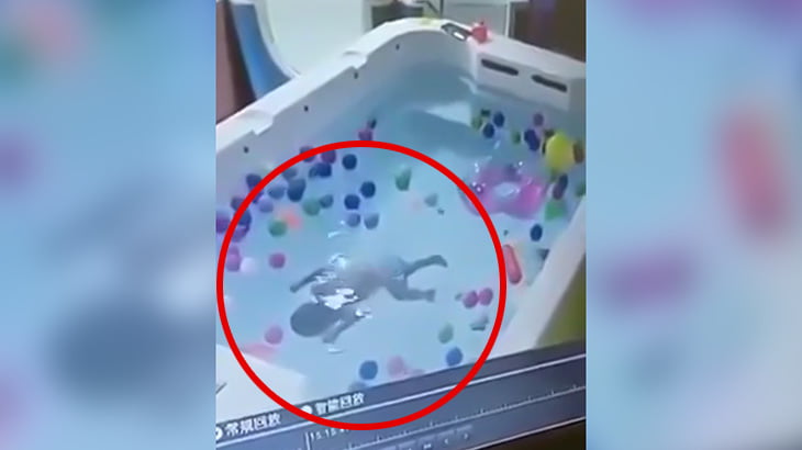 1人でプールで遊んでいた子供が溺れて死んでしまった映像。