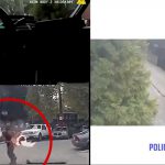 火の点いた棒を持って歩く男が警察官を襲って発砲される事件映像。