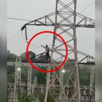 鉄塔に登り電線に触れて自殺する男の映像。