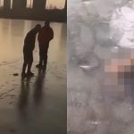 氷が張った湖で発見された氷に埋まった男性の死体映像。