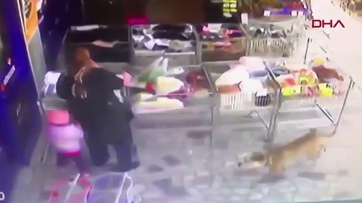 スーパーマーケットでピットブルに襲われてしまう女の子と母親の映像。