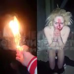 ギャングに捕まった女性が髪の毛を燃やされて裸にされる映像。