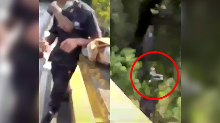 口論相手を橋の上から放り投げてしまう映像