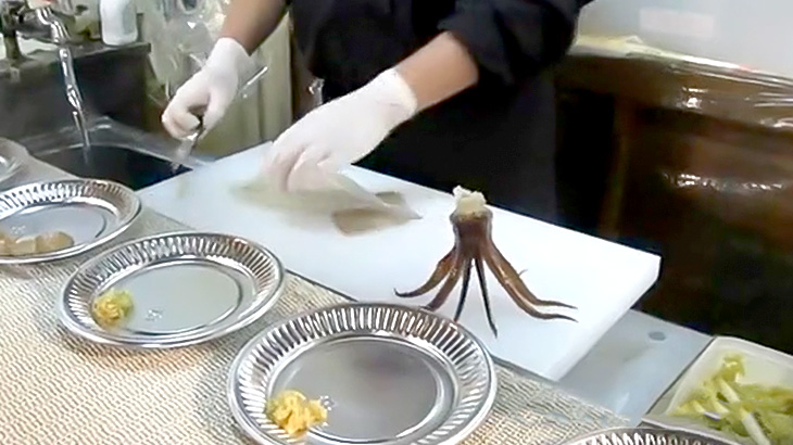 外国人が日本で生きたままイカが捌かれる様子を撮影した映像