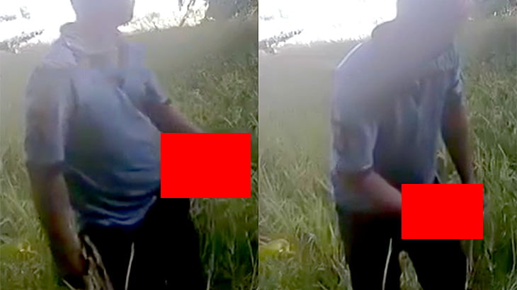 チンコがめちゃくちゃでかい男が草むらでオナニーして射精する映像