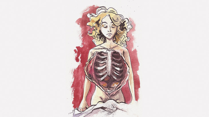 【閲覧注意】床に寝かせた女性死体の胸を切り開く解剖映像