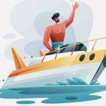 ボートで走りながら海面を泳ぐ魚にフックを引っ掛けて釣り上げるアングラー